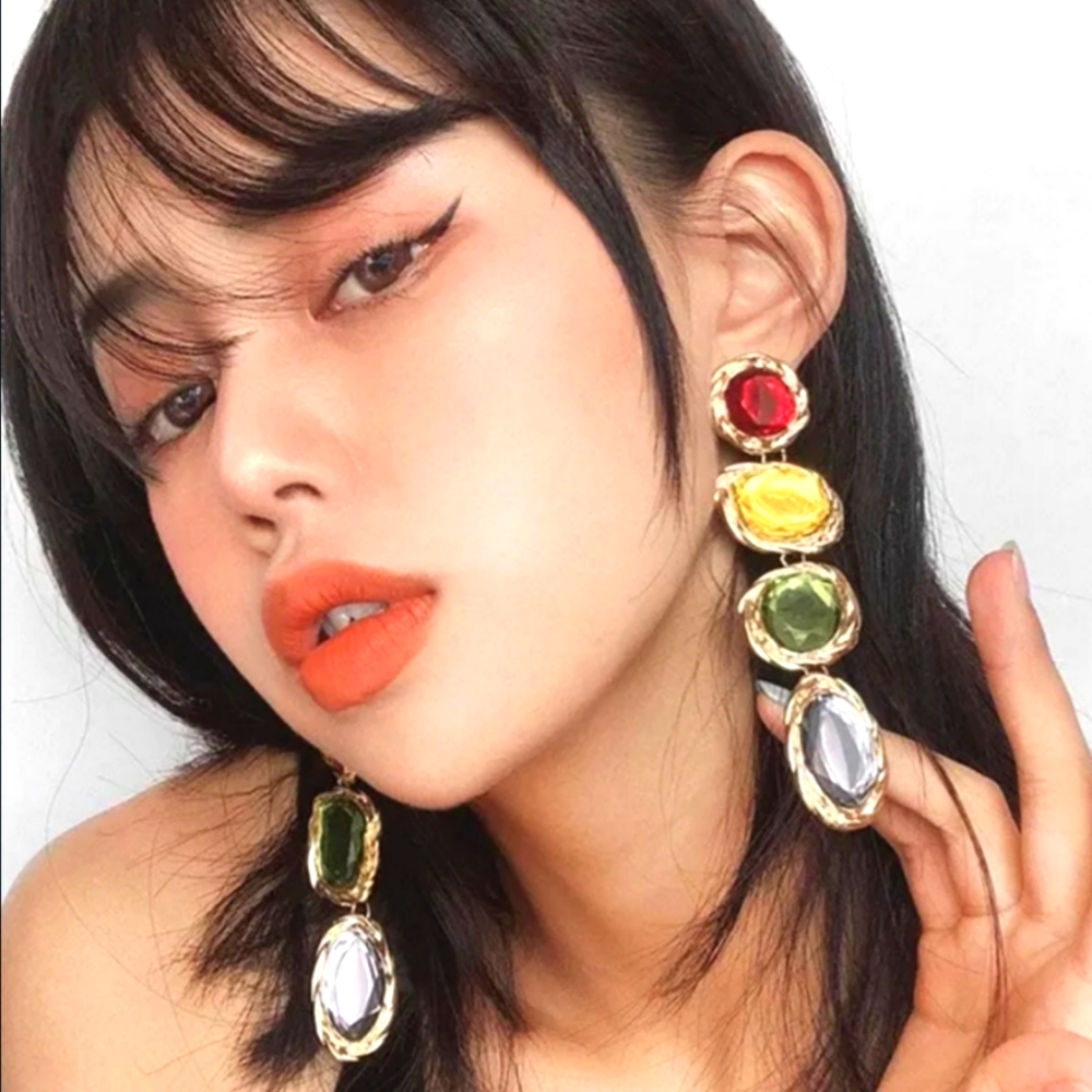 New Colorful Oval Gem Party Long-Drop Earrings